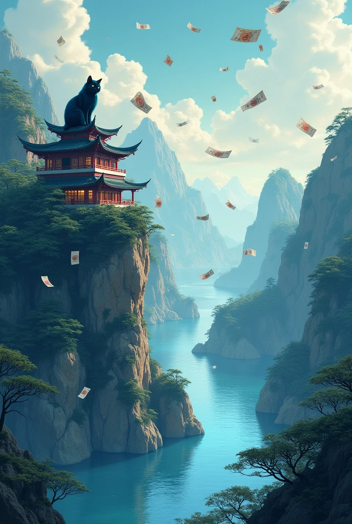 Chinese style background with mountain top library banknotes floating on the river dark blue cat spending money