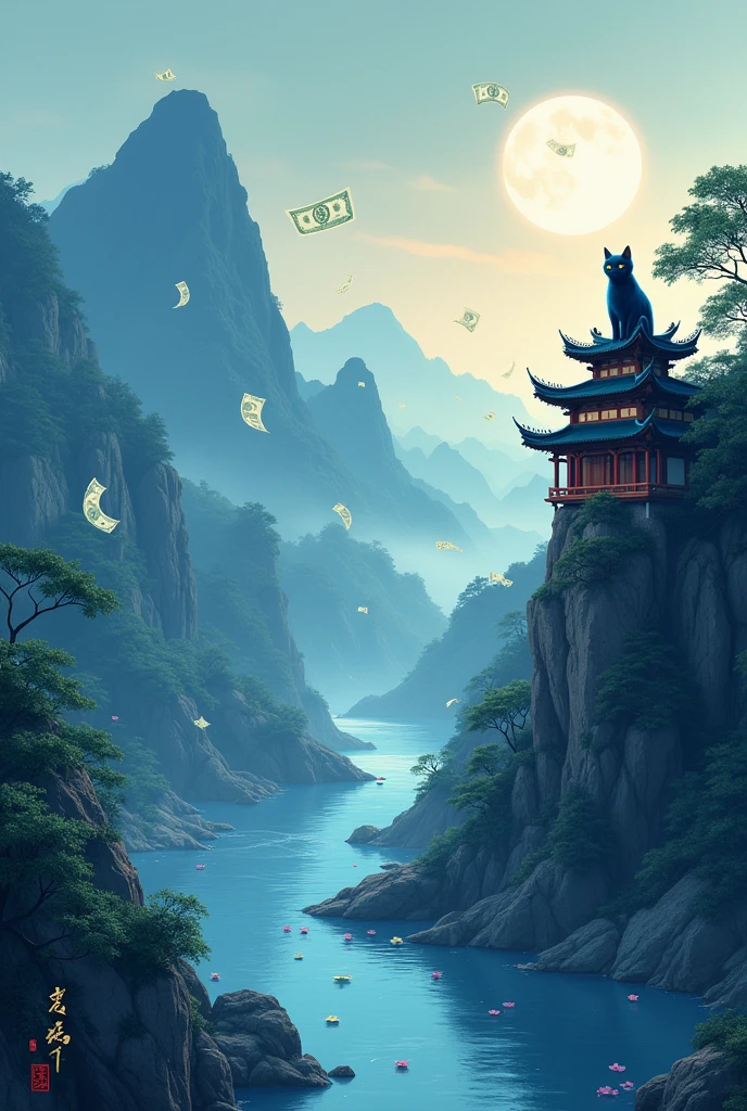 Chinese style background with mountain top library banknotes floating on the river dark blue cat spending money