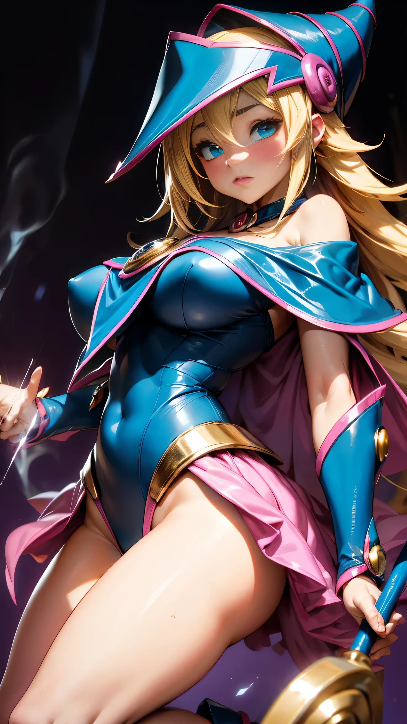 black magician girl、super chestousthick、very blonde hair、magic circle、8k, 4k, of the highest quality, High resolution: 1.2),flicker、an exposed breast、cute anime face、pink blush on the cheeks.、noise removal、Leotard that bites、have a cane、Hold your cane very close to the.screen