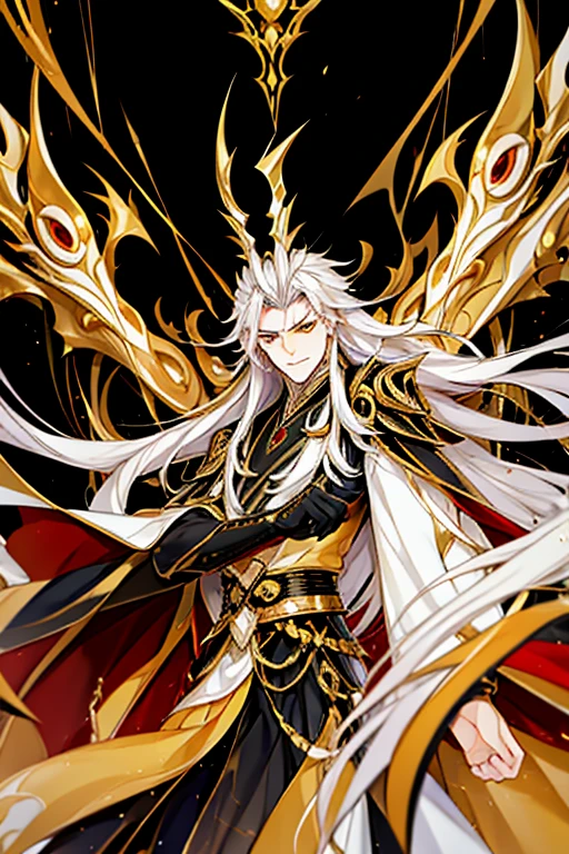 Handsome, solo, 1 male, long hair, white hair , yellow eyes, black shirt, black suit, Hanfu with red dragon patterns and gold edges highlighting the aura of a leader, golden horns, best quality, 16k, masterpiece, detailed face drawing, with two arms and two legs, manhua character.