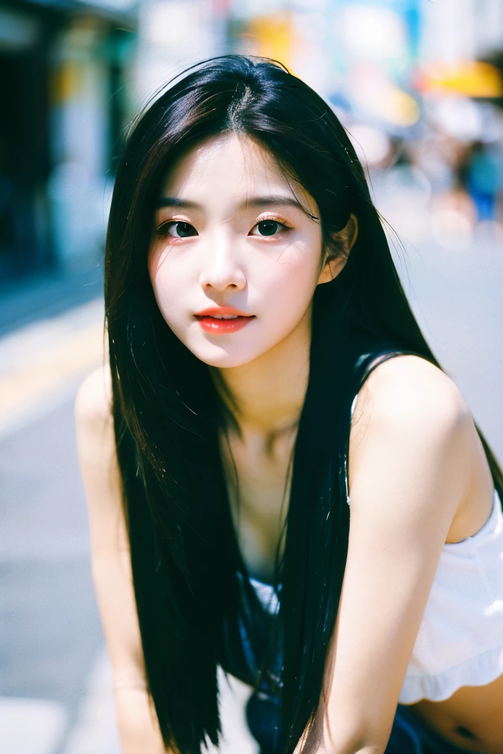 Photo of a beautiful Korean kpop idol woman, summer, , Film Grain, Ilford HP5, 80 mm