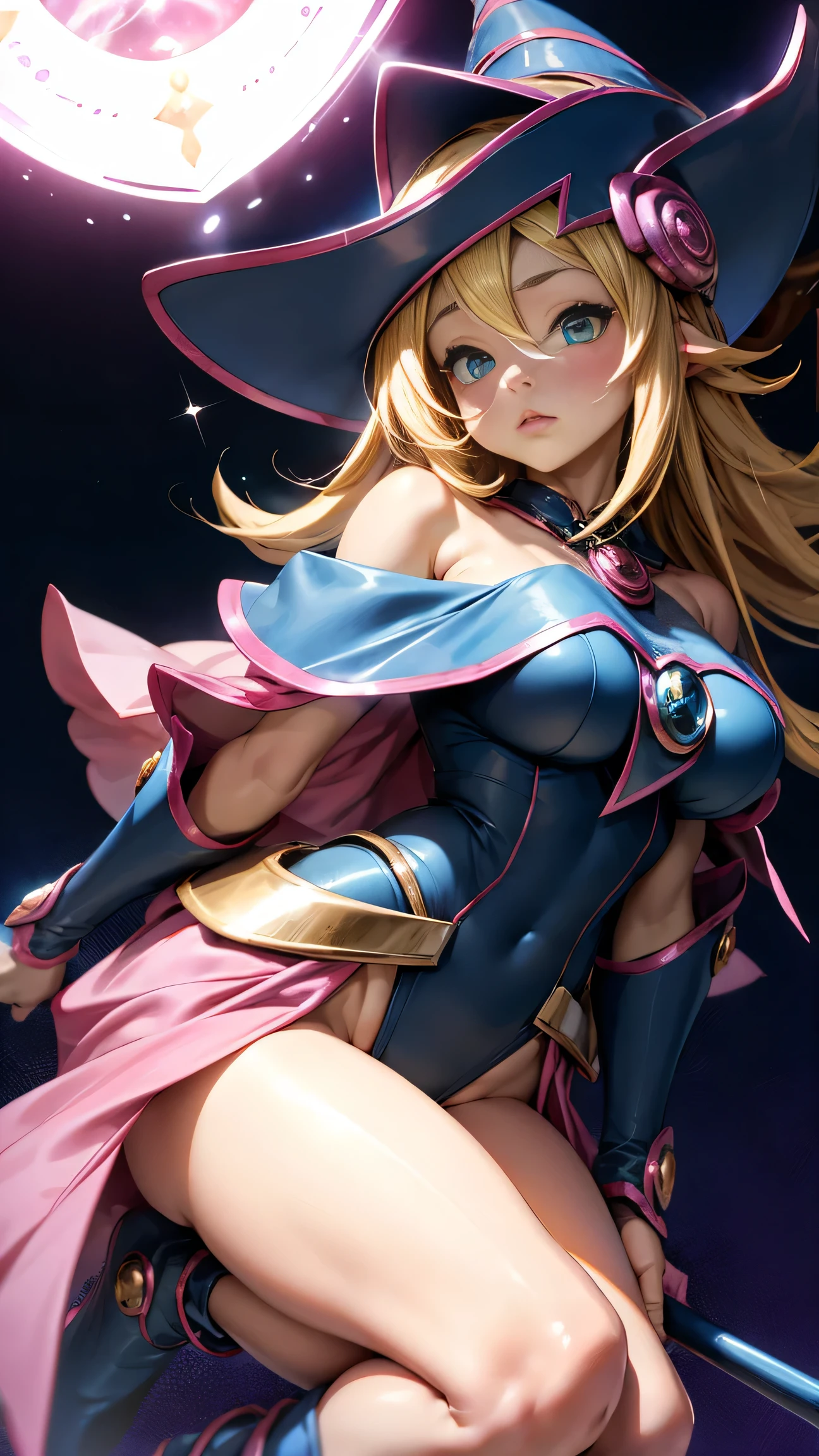 black magician girl、super chestousthick、very blonde hair、magic circle、8k, 4k, of the highest quality, High resolution: 1.2),flicker、an exposed breast、cute anime face、pink blush on the cheeks.、noise removal、Leotard that bites、have a cane、Hold your cane very close to the.screen 