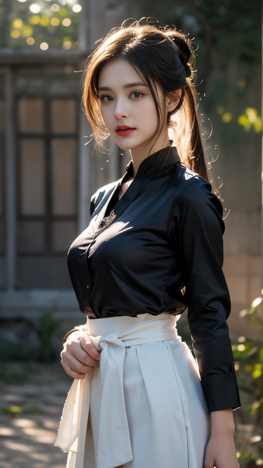 1 beautiful girl in Hanfu costume, ((black thin purple silk shirt with a lot of texture)), white lace top, long purple platinum ponytail Hair, Jewelry, ear jewelry, necklaces and necklaces, carefully drawn big purple eyes, makeup careful, thin eyebrows, high nose, beautiful red lips, no smile, pursed lips, rosy cheeks, wide breasts, big breasts, proportional breasts, slim waist, purple fishnet socks, chinese hanfu style, fictional art texture, colorful bright and realistic, RAW Photo, Realistic Photo, ultra high quality 8k surreal photo, (effective fantasy light effect: 1.8), 10x pixels, magical effect (Background): 1.8), ultradetailed eyes, full body portrait of girl , Chinese royal garden background, dynamic pose