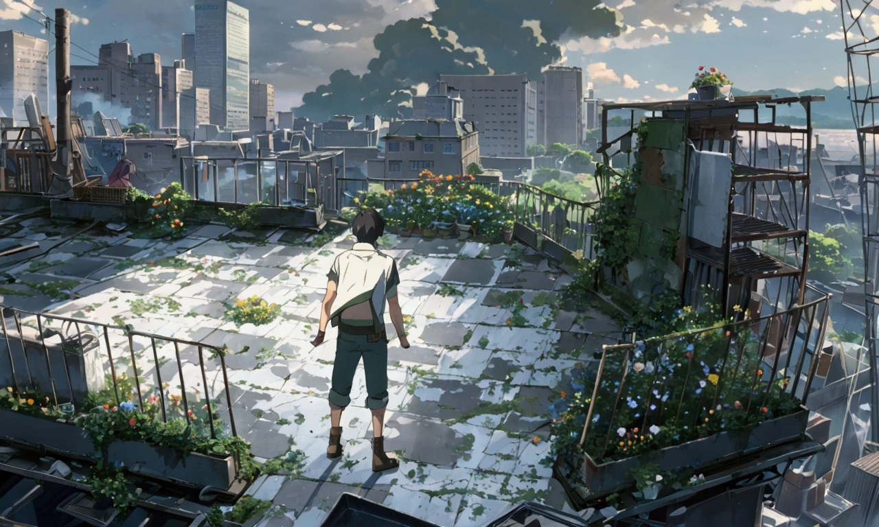 anime scene of a boy standing on a rooftop with a bunch of flowers, post apocalyptic. makoto shinkai, official art, atmospheric anime, anime still film anime shikishi, ( ( makoto shinkai ) ), makoto shinkai. digital render, makoto shinkai!!, makoto shinkai. —h 2160