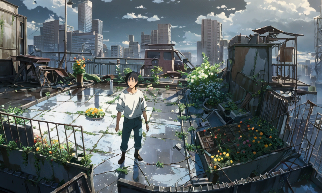 anime scene of a boy standing on a rooftop with a bunch of flowers, post apocalyptic. makoto shinkai, official art, atmospheric anime, anime still film anime shikishi, ( ( makoto shinkai ) ), makoto shinkai. digital render, makoto shinkai!!, makoto shinkai. —h 2160