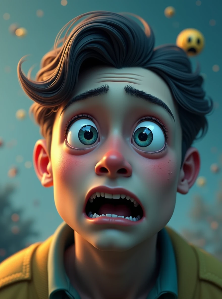 a man with a surprised look on his face, behance, pop surrealism, 3 d epic illustrations, sad emoji, huge-eyed, sad scene