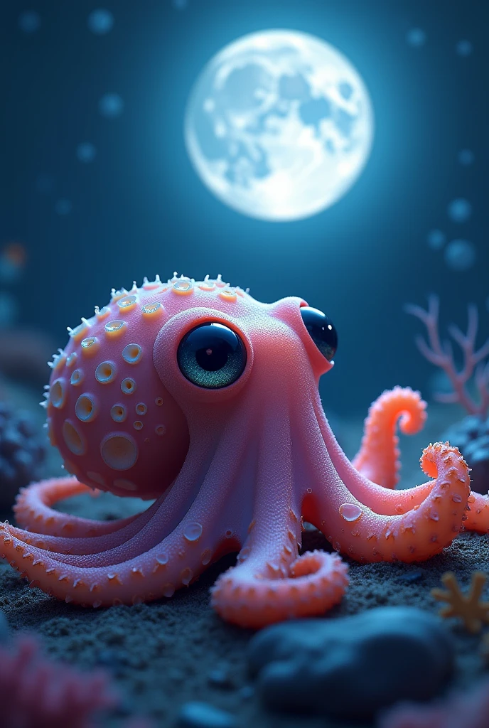 The most adorable baby octopus looking up to a full moon from ocean depths. Ethereal cuteness overload, huge and reflective ecstatic eyes, fringy bioluminescent tentacles, opened iridescent beak, colorful marine lie around, intertwining translucent tendrils emitting otherworldly glow, dreamy aquatic hues, meticulously detailed textures, elaborate atmosphere.