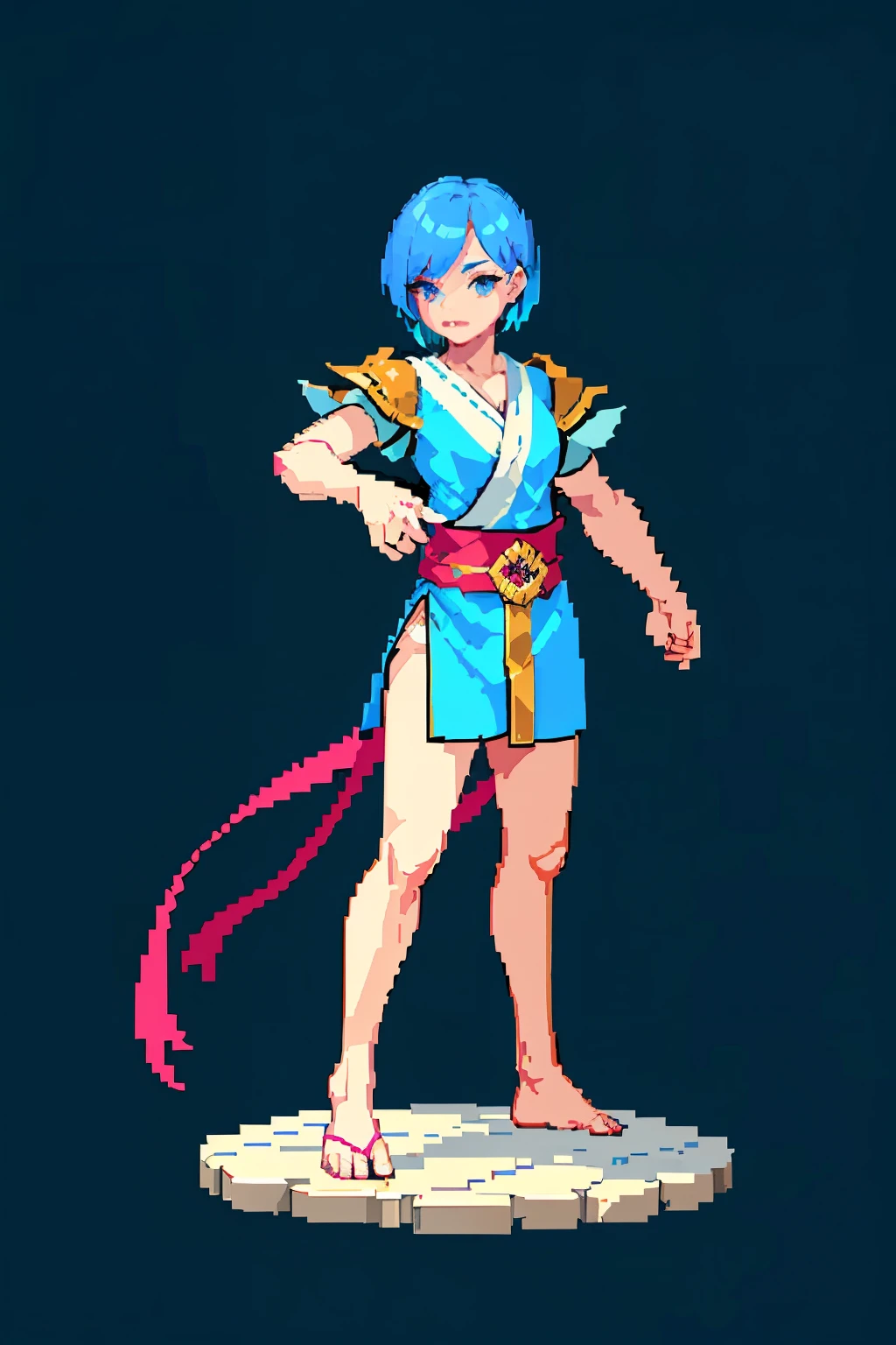(masterpiece, top quality, Best Quality, Less details, simple eyes drawing), pixel,pixel art,1 chico,Whole body,demonstration pose, japanese style, medieval clothing, game asset, blue eyes, light blue hair, diamond element