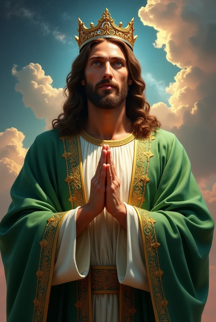 Perfect hand 5 finger, Portrait of a handsome Jesus Christ  wearing the green king clothes with king crown in the galaxy, Jesus Christ, real blue eyes, sunny day, intricate details.real Jesus Christ, straight head face, Straight body.Prayer Jesus Christ, perfect full body,  perfect hands finger,Prayer Jesus Christ, praying Jesus Christ backgrounds natural photographic