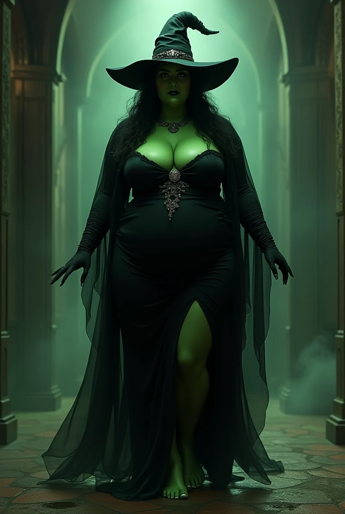 Witch, black pointy hat, green skin, big breast, huge hips, fat, black gown, bare feet tease