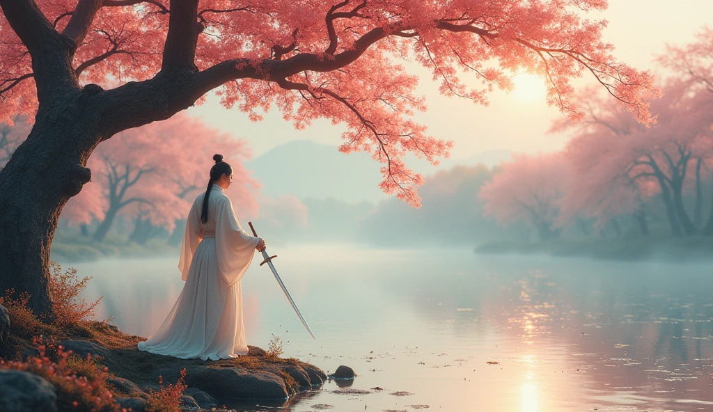 Li Bai,Dressed in white,Under the peach tree,Riverside,drinking alcohol,Sword Dance,Sad atmosphere,8K Ultra HD,Movie storyboard,Photographic quality