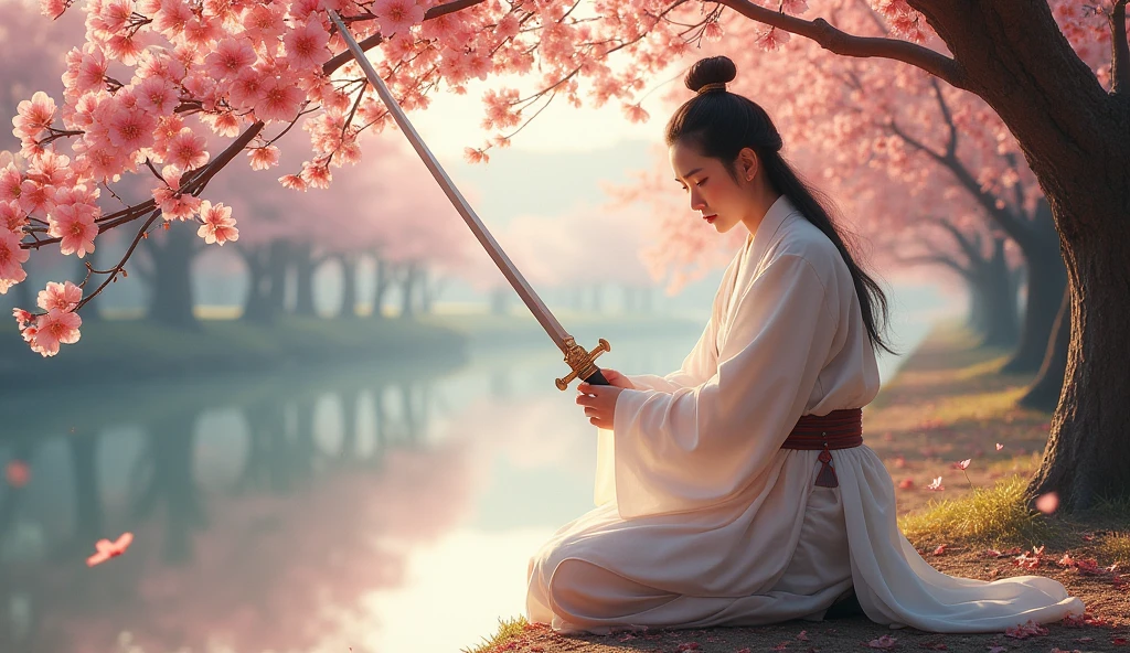 Li Bai,Dressed in white,Under the peach tree,Riverside,drinking alcohol,Sword Dance,Sad atmosphere,8K Ultra HD,Movie storyboard,Photographic quality