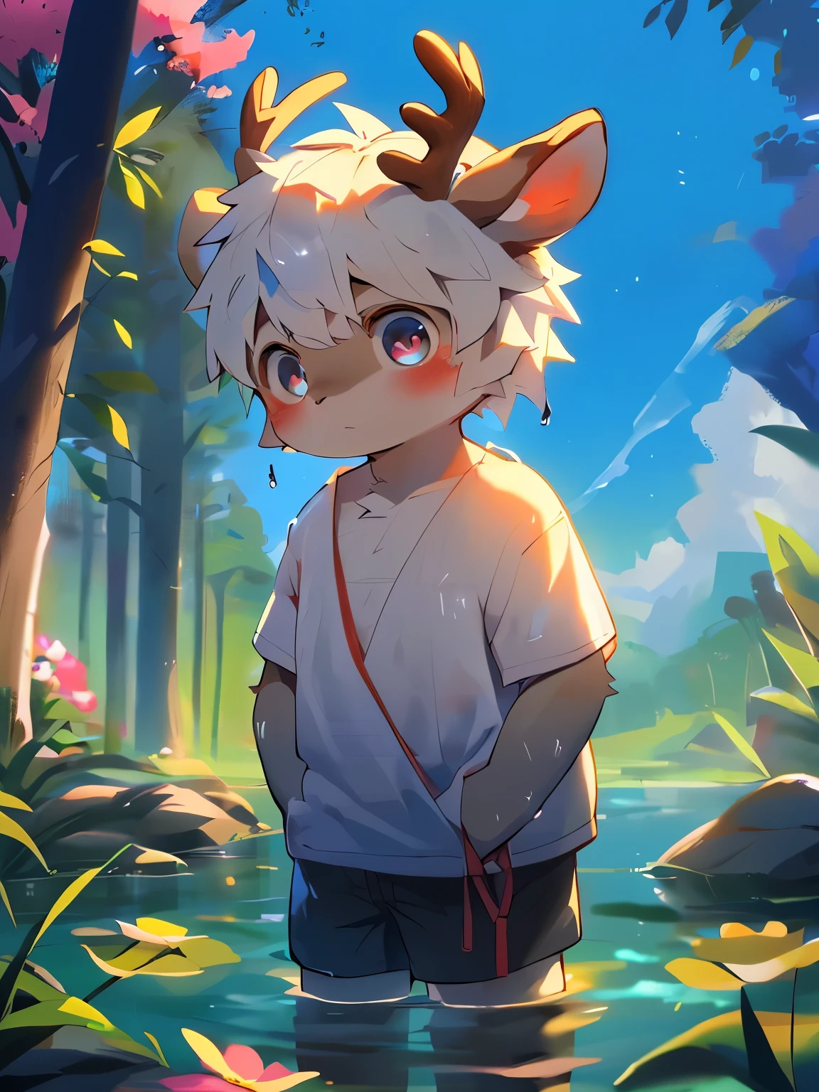 masterpiece,Best quality,Gauss,Practical,boy,Male focus,solo, (Delicate eyes and delicate face) , (Handsome face) , (Perfect anatomical structure) ,Thick eyebrows,Short and delicate hair,Very fine details, 4K , 8K ,Movie Lighting,Amazing Art,Beautiful scenery , (Deer bathing in a clear mountain spring) , (blue or white or red sexy) ,Wet,The tree,Rios,Short and delicate hair,transparent,Colored lights,Very shy,The right hand,Beautiful flowers and green leaves,antlers,鹿boy,Toddler,Pino Deheny, Carney announced, milkytiger1145, Dagasi, Yes,