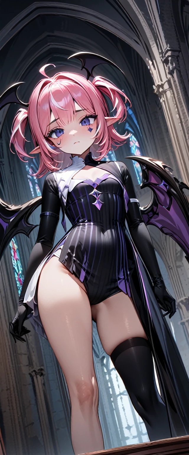 UHD, masterpiece, best quality, extremely detailed, anatomically correct, sharp focus, Midnight, Church , altar isle, 1girl, solo, camilavtuber, pink hair, short hair, shoulder length hair, black head wings, (twin ponytail), purple eyes, facial mark, black arm sleeves, slim arms, black gloves, small chest, single back wing, long black gown, slim legs, black thighhighs, black high heels, full body ,close-up shot, innocent pose, from below, front view, innocent pose