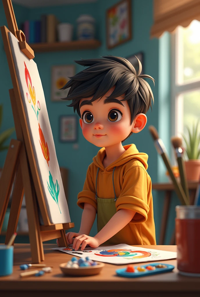 a hanshum  boy  in a art studio 
