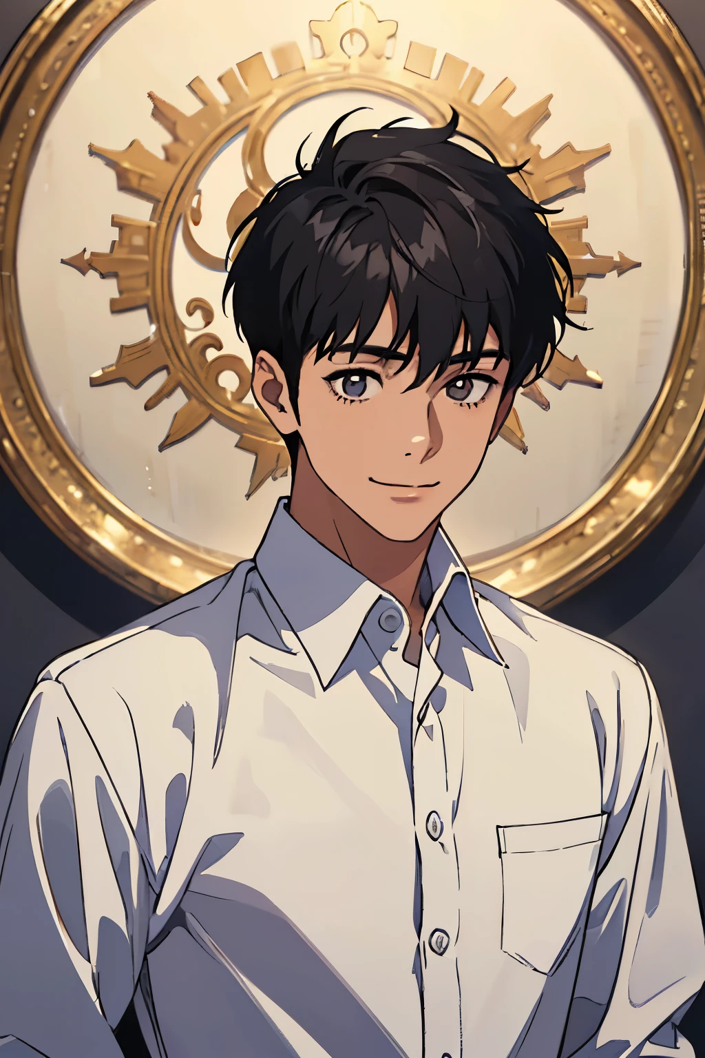 High school student, young man, ager, nice young man with a kind and refreshing smile, honor student, wearing a white shirt, short black hair, short hair, center parted, 8k, highly detailed, front lit, portrait, expressive, sharp focus, masterpiece