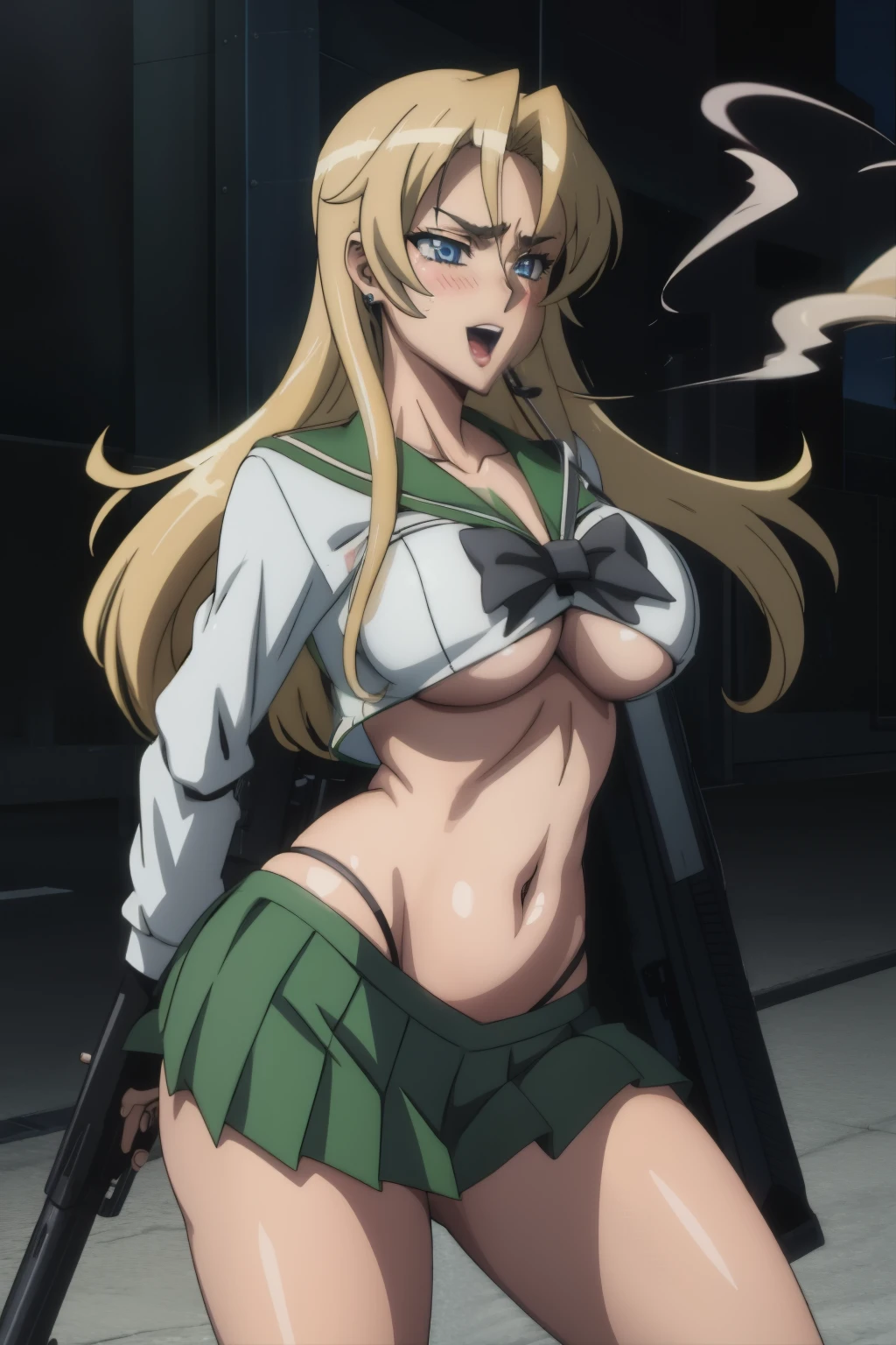 ((in the style of A-1 pictures, anime screencap)) sniper wolf bright blue eyes, solo, bossy expression, smoking a cigarette ,  long hair, blush, lipstick, jewelry, earrings, Hot girl, baddie, mean girl, sensual, attractive, masterpiece, best quality, highly detailed, a anime girls in sailor uniforms with a gun posing for a picture,
evil smile, smile, open mouth,black_serafuku, ecchi anime style, anime girls , ,
ecchi style, ecchi, shipgirls, digital anime art!!, high school girls, holding a gun, hold a gun, anime style 4
k, micro skirt, exposed belly, exposed navel, exposed midriff, holding pistol,underboob,
exposed lower belly,school, classroom, 