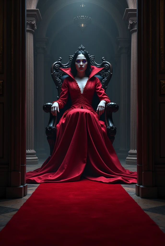 A real vampire with black hair, red dress, white skin and purple eyes, sitting on a throne in a hall with a red carpet, from the door's point of view