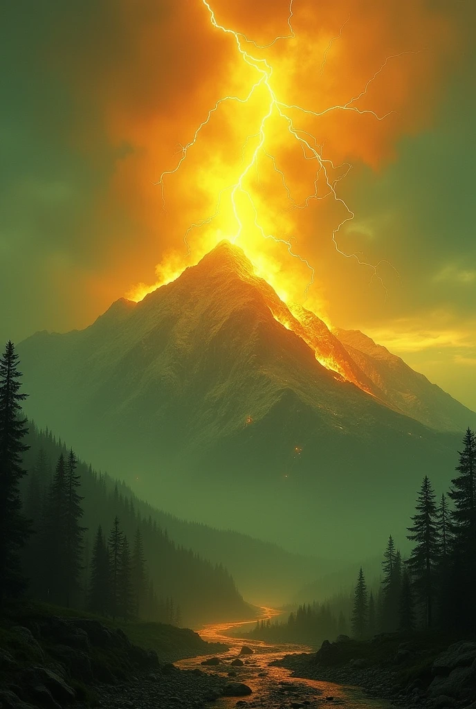 ((Masterpiece))((beautiful))((realistic))yellow thunder on the Oren yellow green sky with red green fire mountain,no people,size 4MB,
