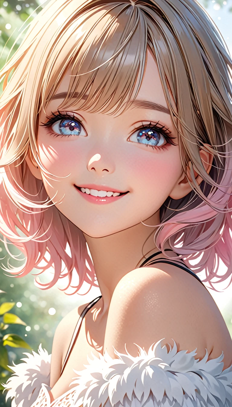 Cute beautiful woman, smile, shy, light makeup, great proportion, Gentle background color scheme, Soft, fluffy and calming effect, Shading Effects, Gradient Magic Effect, (Super detailed, The absolute solution, Highest quality:1.3), 2.5D, delicate and dynamic, Artistic photography, Ultra-realistic, Graphics CG Digital Art