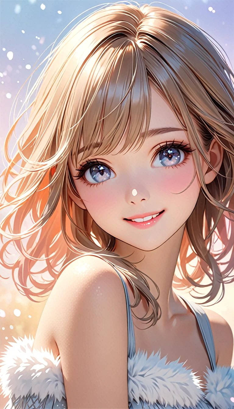 Cute beautiful woman, smile, shy, light makeup, great proportion, Gentle background color scheme, Soft, fluffy and calming effect, Shading Effects, Gradient Magic Effect, (Super detailed, The absolute solution, Highest quality:1.3), 2.5D, delicate and dynamic, Artistic photography, Ultra-realistic, Graphics CG Digital Art
