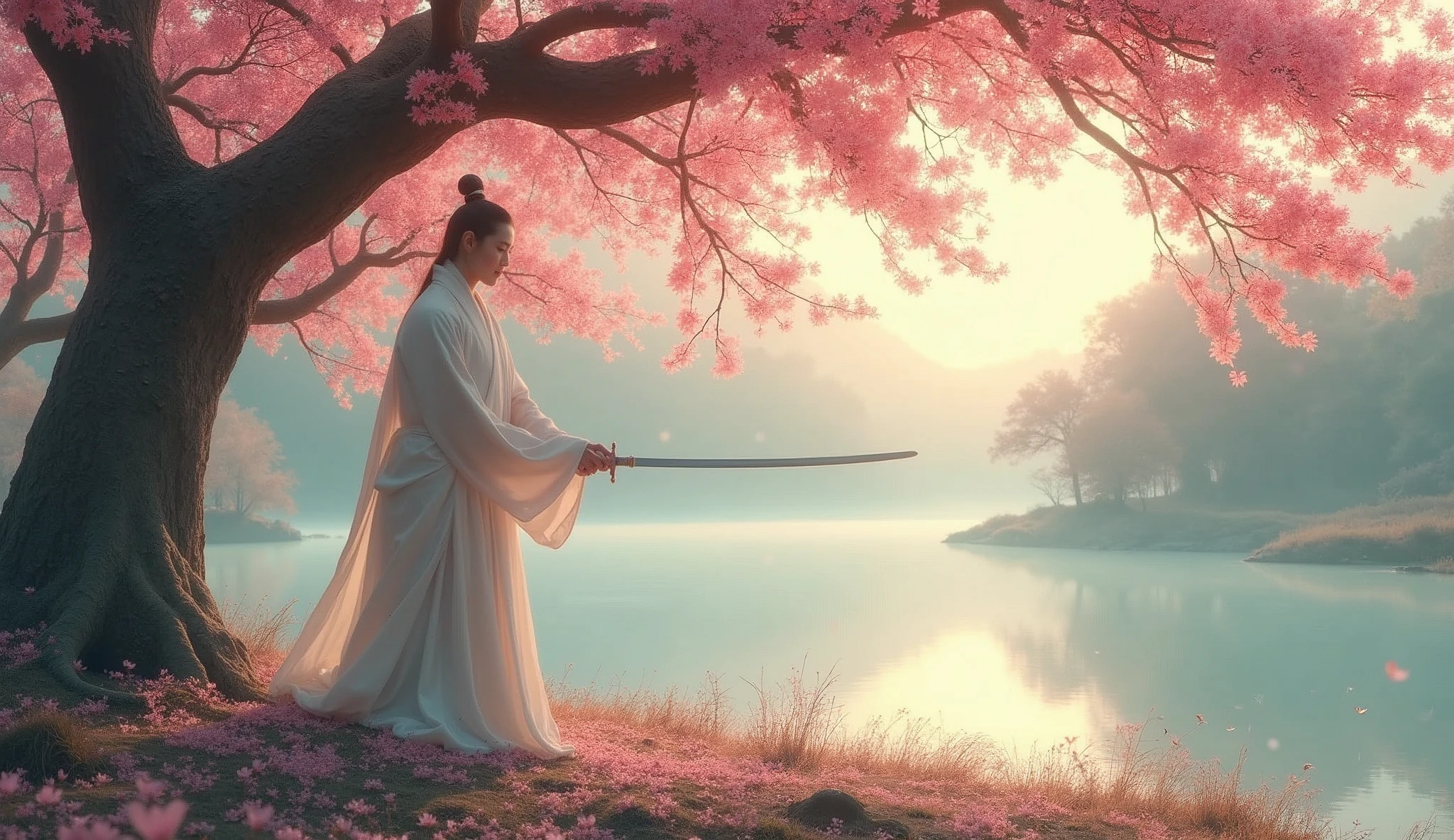 Li Bai，Dressed in white，Under the peach tree，Riverside，drinking alcohol，Sword Dance，Sad atmosphere，8K Ultra HD，Movie storyboard，Photographic quality