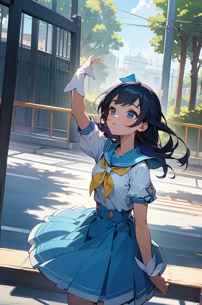 In front of the school gate, a magical girl is looking up at the school.