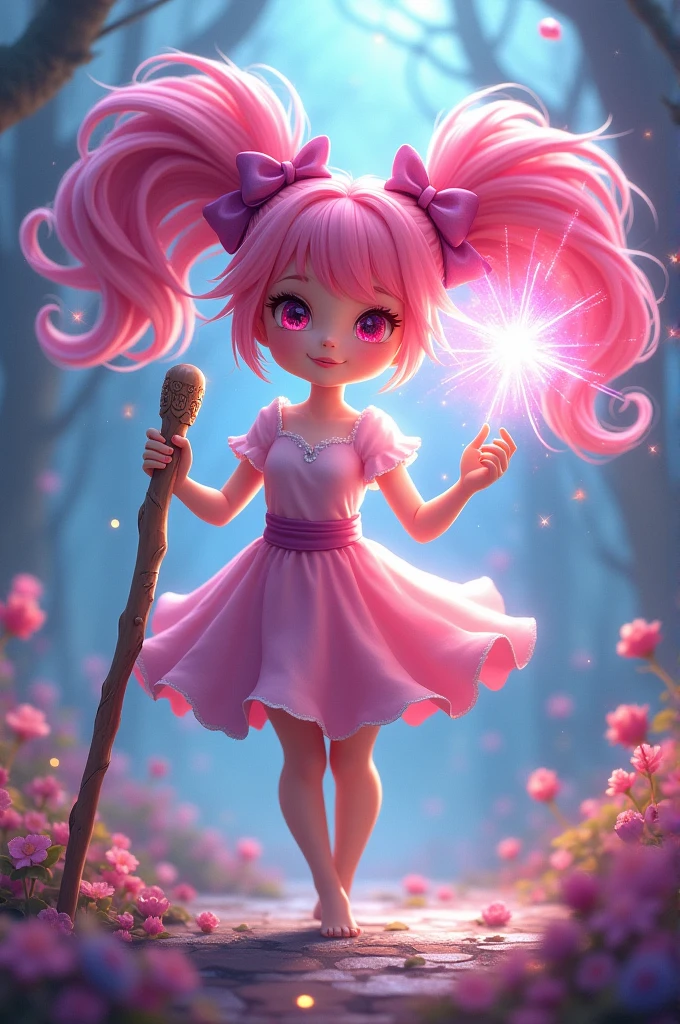Magical girl Pink Hair Twin tails Has a walking stick