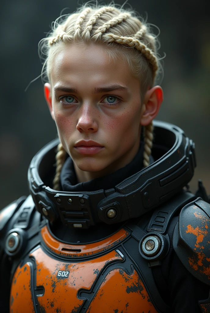 White male at age 15 with blonde hair in box braids wearing the black and orange armor from the game Star Citizen. Hyper realistic. Best lighting
