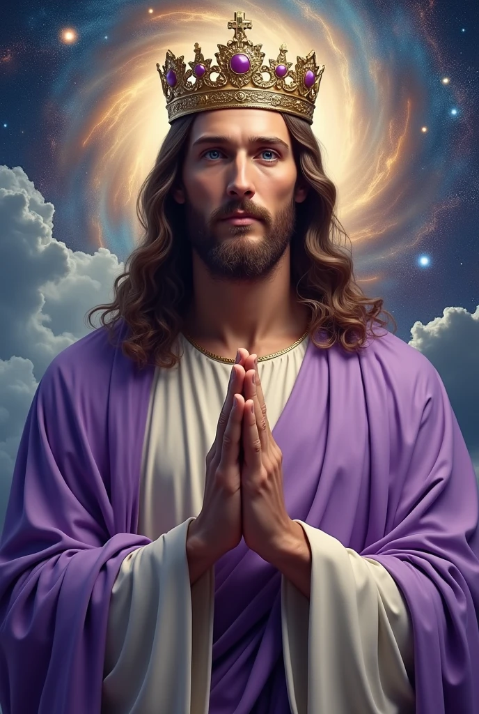 Perfect hand 5 finger, Portrait of a handsome Jesus Christ wearing the lavender king clothes with king crown in the galaxy, Jesus Christ, real blue eyes, sunny day, intricate details.real Jesus Christ, straight head face, Straight body.Prayer Jesus Christ, perfect full body, perfect hands finger,Prayer Jesus Christ, praying Jesus Christ backgrounds natural photographic