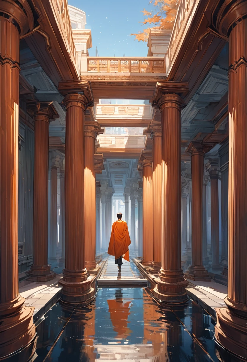 Create an image with the characteristics defined in the tag and avoid using the characteristics defined in the tag.
Show a scene where a muscular male figure, seen from behind, walks towards an open portal. The figure is wearing a reddish-orange tunic, shirtless, and is positioned at the center of a majestic corridor of intense orange-colored columns. The columns are tall and robust, with classical architectural details in the capitals and bases. The upper part of the corridor features an entablature decorated with intricate details, including a sculpted figure above the portal.
The corridor is reflected in a rectangular pool of serene, deep blue water occupying the foreground of the image. The water sharply reflects the figure and the columns, creating an effect of symmetry and depth. The sky in the background is a vibrant, clear blue with no clouds, contrasting with the structure and highlighting the scene. The lighting is natural and bright, casting soft shadows and enhancing the warm colors of the columns and the tunic. The composition should have a realistic style, with a focus on symmetry and linear perspective, creating a sense of grandeur and serenity. Do not include any other characters, modern elements, vegetation, or objects outside the context of classical architecture. Avoid overly dark or shadowed details, as well as faded or grayish colors.