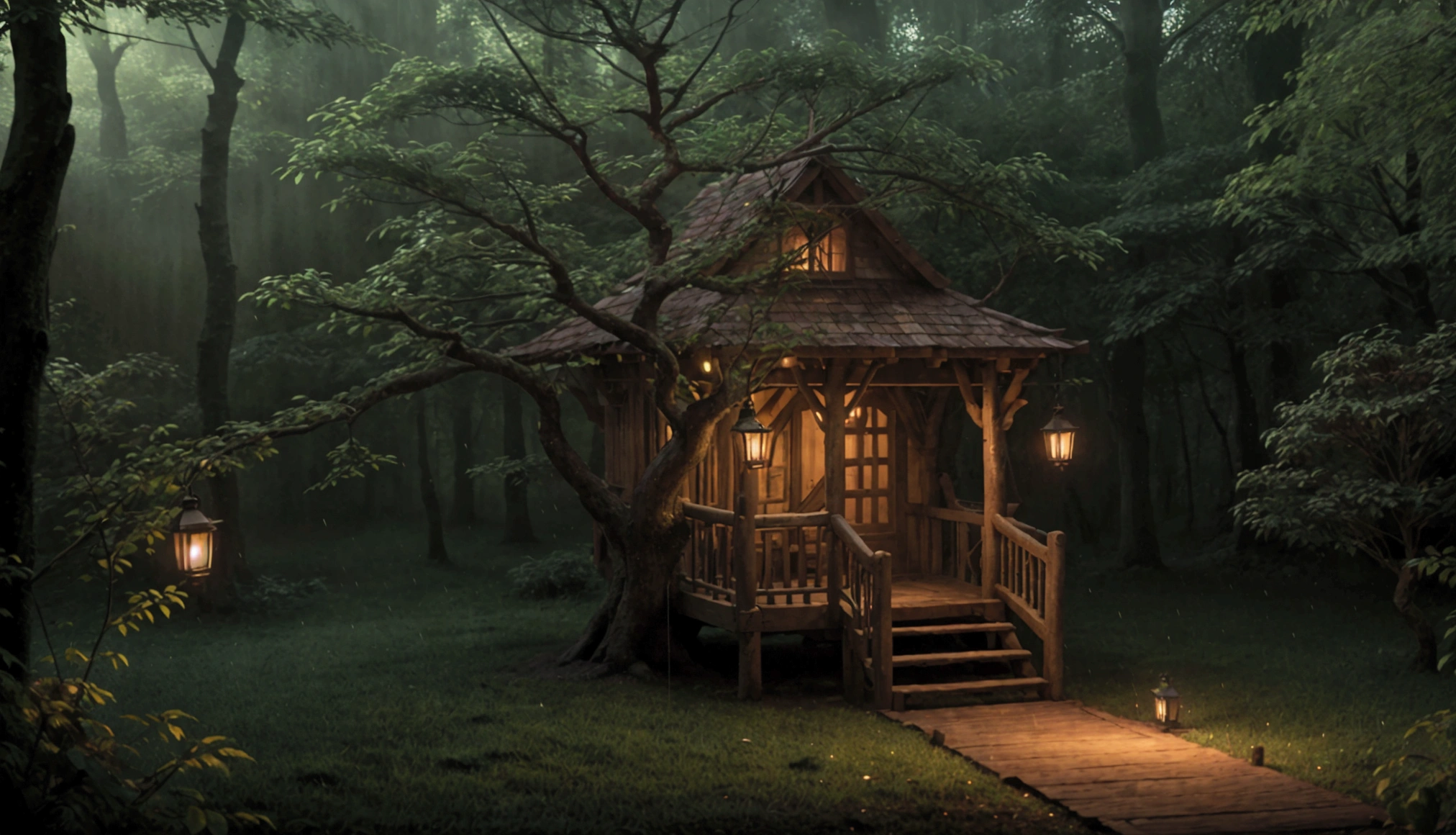 A detailed, enchanting tree house in a lush, misty forest at night, rain falling softly, glowing lanterns illuminating the scene, serene atmosphere, painterly style, warm color palette, dramatic lighting, highly detailed, 8k, photorealistic