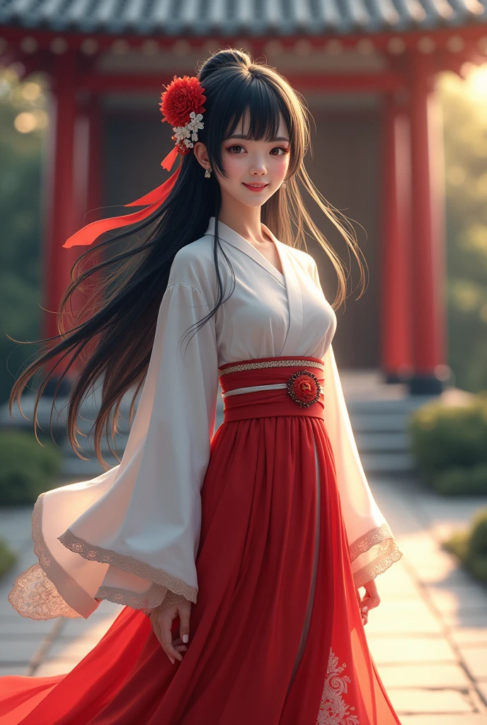 shrine、within the territory、clear、Long black hair、beautiful girl、Beautiful Skin、Red Skirt、smile、Shrine maiden、Upper body close-up、front