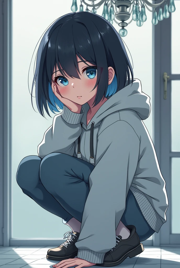 Girl illustration, cool, blue eyes, bob hair, black hair with gray gradation at the ends, chandelier hanging above head, head is included in the frame, squatting position, whole body, hoodie