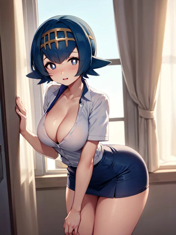 (masterpiece), 1girl, solo, wearing a nurse's uniform, standing in a hospital room, cleavage, hanging boobs, leaning forward, wide hips, big and round ass, horny face, Thick thighs, pkmnLana, pokemonlana, pokemonlana, blue eyes, blue hair, freckles, hairband, short hair, white pupils, yellow hairband, (bright pupils:1.5)