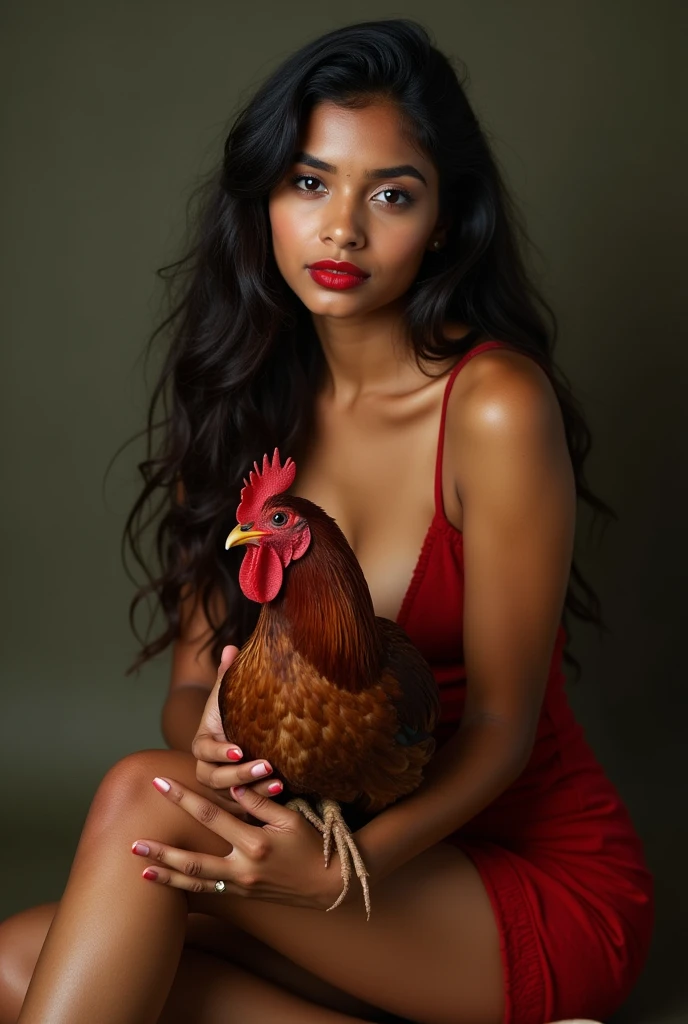 A 15 years old beautiful hot indian girl, large breast, oily skinned, red lipstick, sitting on knee, holding a brown cock