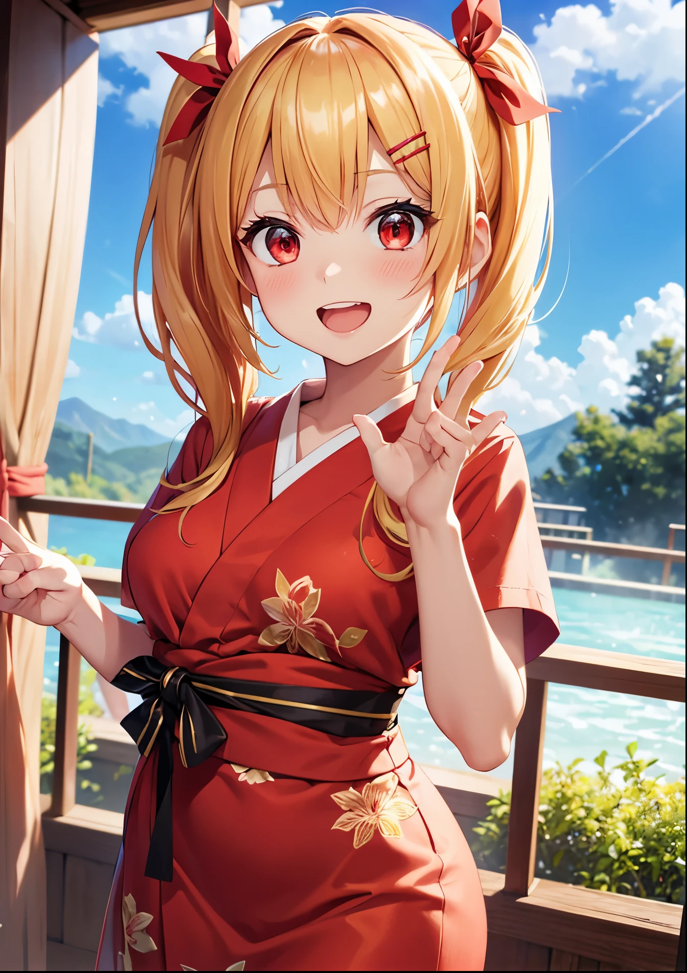 Idol-like anime character, cute face, big mouth with a big smile, droopy eyes, cheerful expression, customer service, blond twin-tail hair, wearing red ribbon, small breasts, landlady of a hot spring resort, yukata, hair clip, hands open, five fingers, both hands, high-quality fingers, focus on face, from front, red eyes, both hands. five fingers, no shadow on background, high quality 5 fingers, no shadow on background, high quality