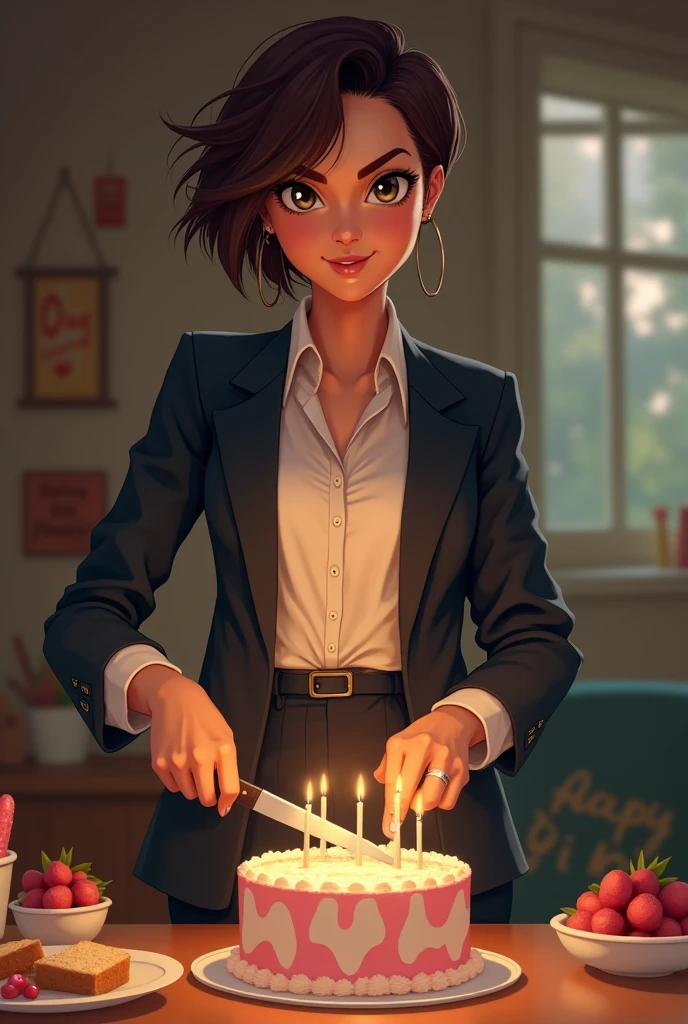 A tomboy hairstyle girl wearing suit cutting cake on her birthday.