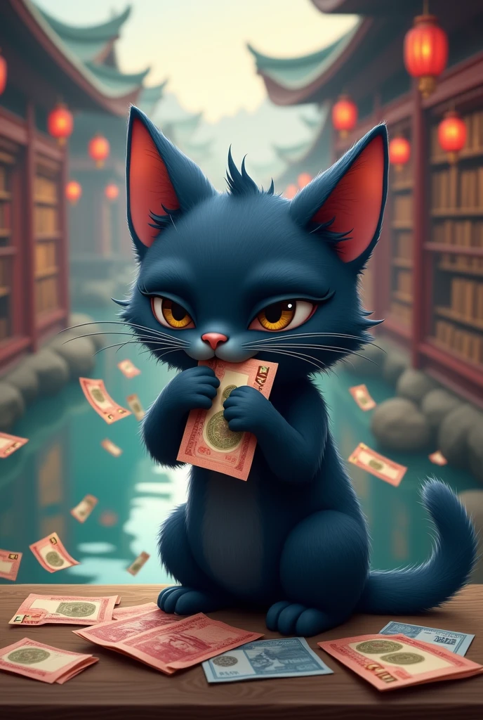 Dark blue cat spending money. Dark blue cat spending money. Chinese style background with library and books and banknotes floating on the river.