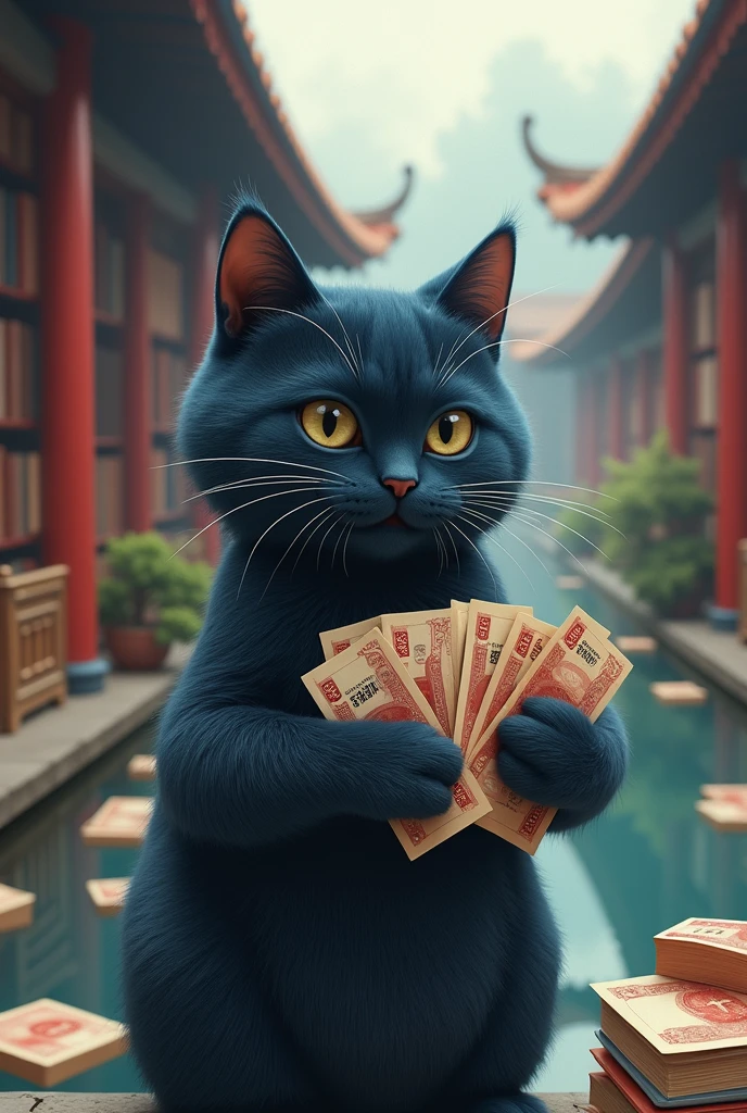 Dark blue cat spending money. Dark blue cat spending money. Chinese style background with library and books and banknotes floating on the river.