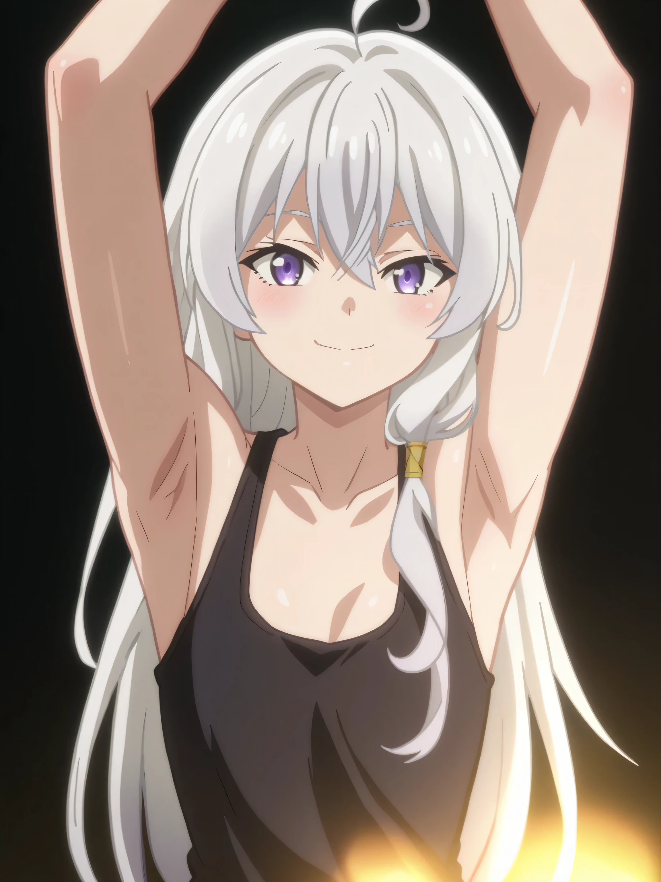 score_9, score_8_up, score_7_up, source_anime, elaina-inner, elaina \(majo no tabitabi\),purple eyes, grey hair, white hair, long hair,ahoge,sleeveless, tank top, black tank top, collarbone, 1girl, solo, anime screencap, frontlighting, simple background, black background, dark background, shiny skin, shiny hair, (looking at viewer, eye contact with viewer:1.3), smile, light blush, (closed mouth, arms up, raised arms, armpits, in the center, symmetrical, upright,