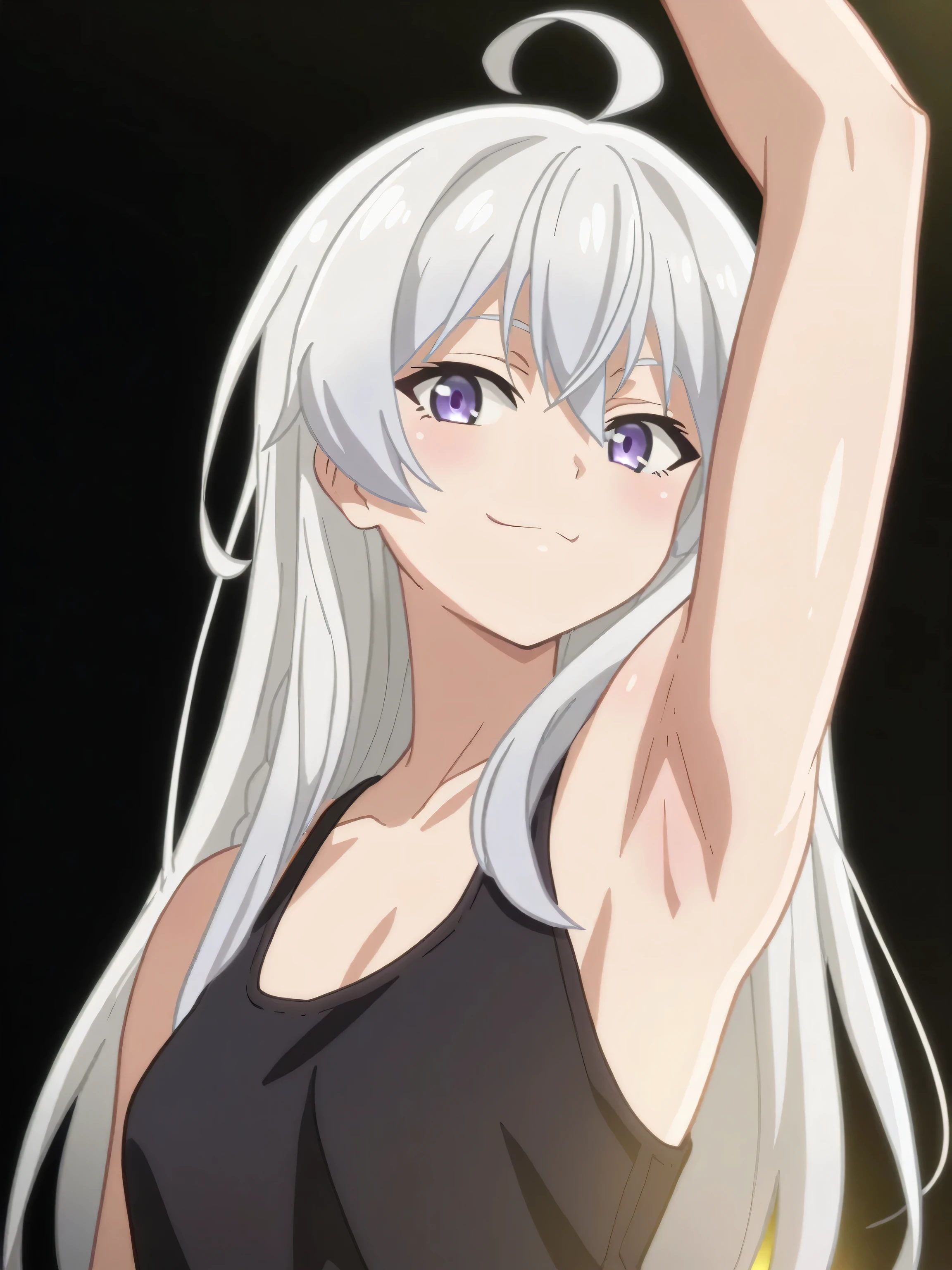 score_9, score_8_up, score_7_up, source_anime, elaina-inner, elaina \(majo no tabitabi\),purple eyes, grey hair, white hair, long hair,ahoge,sleeveless, tank top, black tank top, collarbone, 1girl, solo, anime screencap, frontlighting, simple background, black background, dark background, shiny skin, shiny hair, (looking at viewer, eye contact with viewer:1.3), smile, light blush, closed mouth, arm up, raised arm, armpit, from side, from below