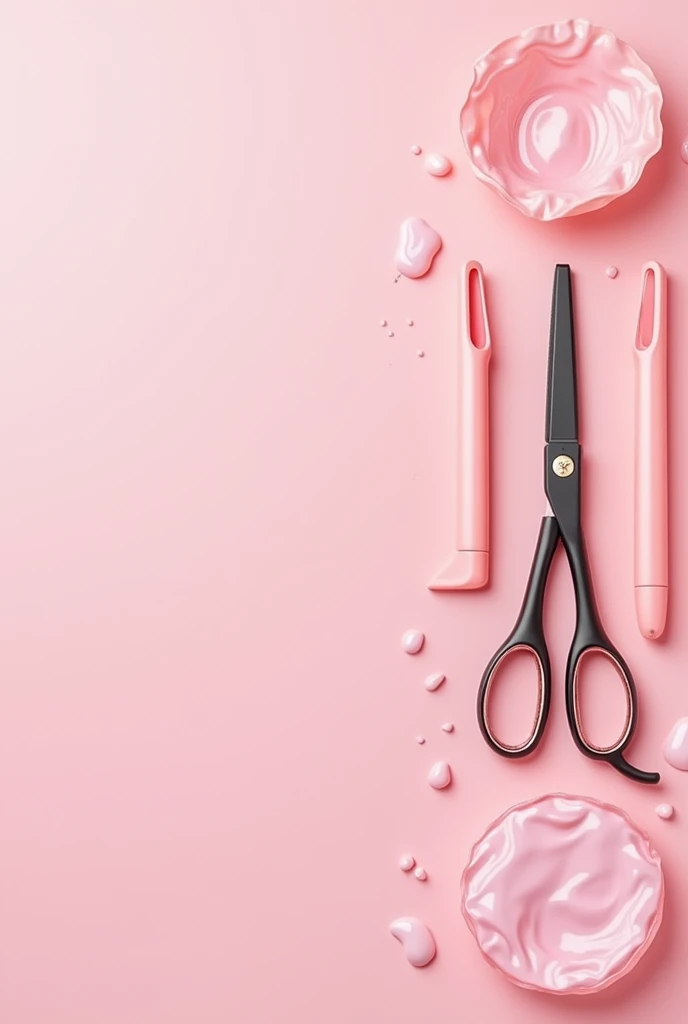 create a graphic design on a hair salon logo soft pink color palette (Pastel pink background) that reflects professionalism and some hairdressing utensils that have hair chemical utensils with a space to write 