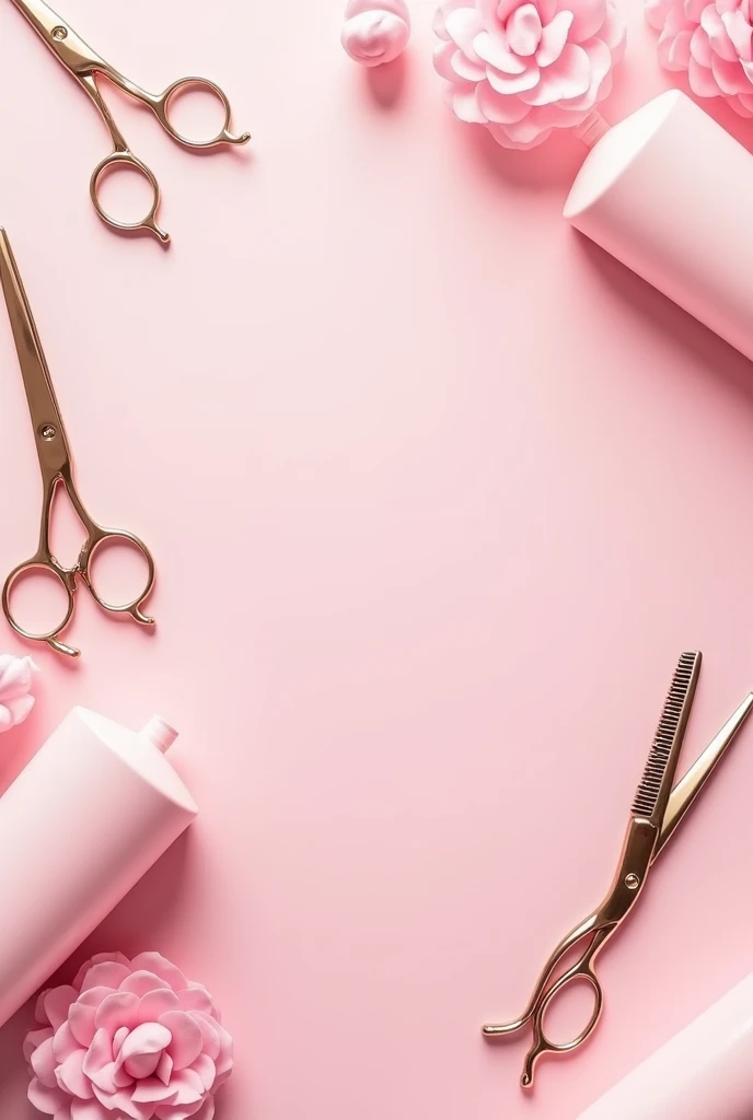 create a graphic design on a hair salon logo soft pink color palette (Pastel pink background) that reflects professionalism and some hairdressing utensils that have hair chemical utensils with a space to write