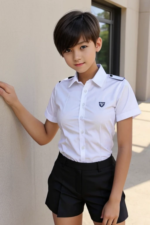 A  beautiful and slim girl, short hair, tomboy hairstyle, wearing school uniform, white shirt,black pant, breasts can be seen,abs.