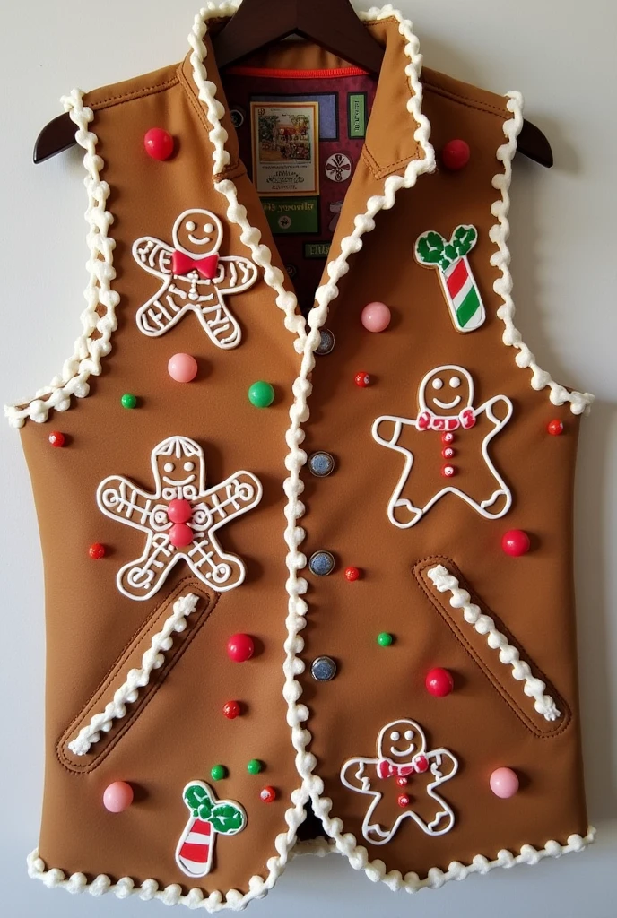 Gingerbread Man Pattern： The vest is designed with the theme of gingerbread man，可以是单个大型Gingerbread Man Pattern，It can also be a pattern composed of multiple gingerbread men.。
Frosting decoration： 在Gingerbread Man Pattern上添加Frosting decoration，Like colored sugar beads、Sweet syrup, etc.，Add visual interest。
Candy elements： Design candies on other parts of the vest、Candy cane and other elements，与Gingerbread Man Pattern相呼应。
Color matching： Use Christmas colors，Like red、green、White, etc，A nice contrast to the brown of the gingerbread man。
