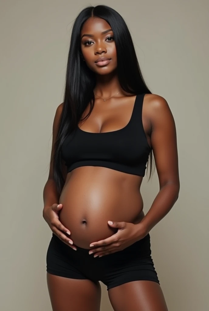 18 year old girl pregnant , dark skin long straight black hair, much , thick legs, wearing very short black sports shorts