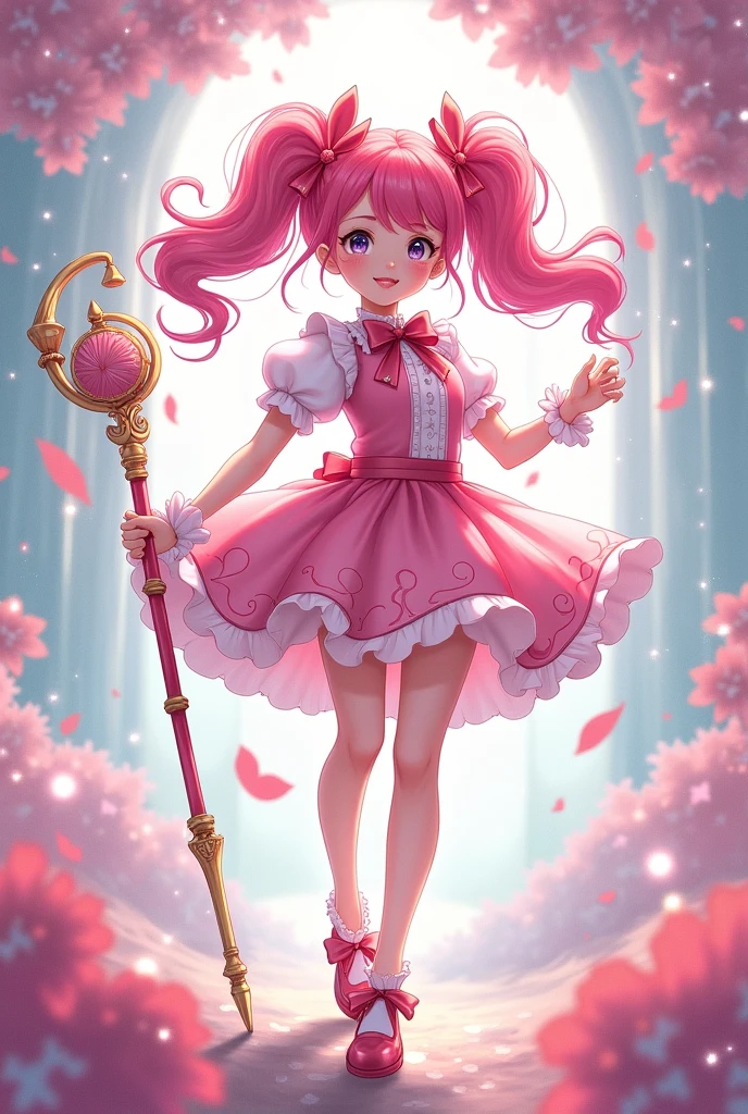 Anime Girl
Magical girl Pink Hair Twin tails Has a walking stick