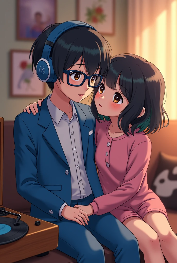 an anime couple, the boy who is listening to music, with black hair and blue frame colored glasses, and with brown eyes, with a blue Stitch suit and the girl reading next to him, with black hair and green highlights, The girl's hair is short in front and long in back, with dark brown eyes, with a pink sdtich suit, Next to them there should be a record player and a vinyl record