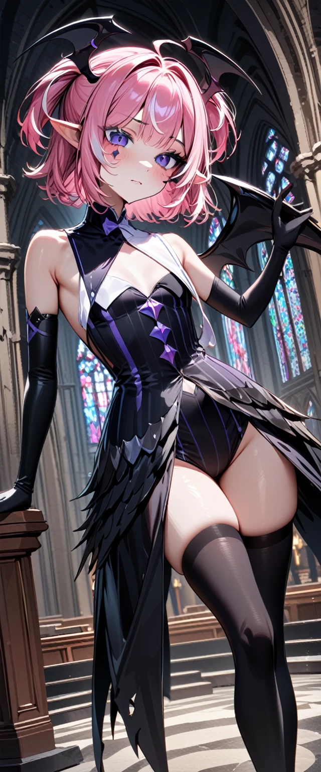 UHD, masterpiece, best quality, extremely detailed, anatomically correct, sharp focus, Midnight, Church , altar isle, 1girl, solo, camilavtuber, pink hair, short hair, shoulder length hair, black head wings, (twin ponytail), purple eyes, facial mark, black arm sleeves, slim arms, black gloves, small chest, single back wing, long black gown, slim legs, black thighhighs, black high heels, full body ,close-up shot, innocent pose, eye-level shot, front view, innocent pose